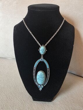 Long - Turquoise Statement Necklace Long Pendant Silver Tone Boho Western